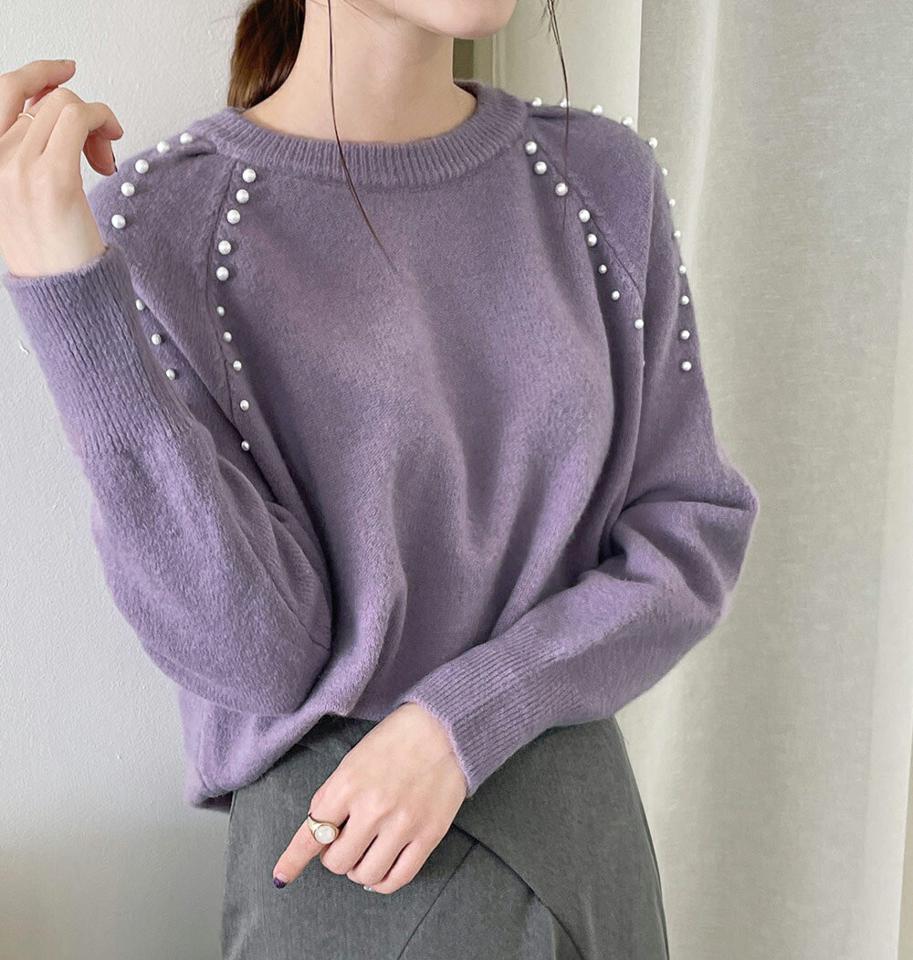 【新作10%OFF】フェイクパールラウンドニット・全3色・b00231 レディース 【tops】トップス ニット 長袖 パール フェミニン きれいめ 上品 大人 ラグランスリーブ ウール かわいい 秋 冬 韓国ファッション ハイホリHIHOLLI