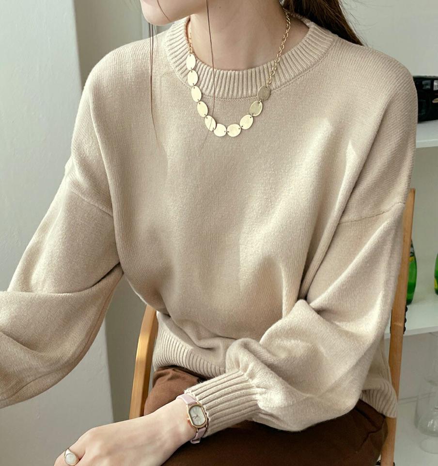 【スーパーセール特価】パフスリーブラウンドニット・全5色・t00234 レディース 【tops】トップス ニット 長袖 パフスリーブ パフ袖 単色 無地 シンプル ベーシック かわいい カジュアル ニットトップス カラーニット 秋 冬 韓国ファッション ハイホリHIHOLLI