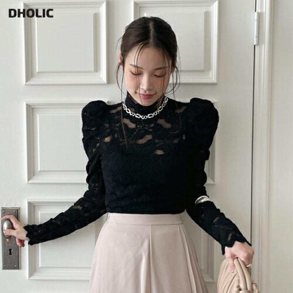 起毛ハイネックレースパフブラウス・全2色・t00230 レディース 【bl】トップス ブラウス 長袖 おパフスリーブ パフ袖 透け感 シアー シースルー ハイネック 起毛 可愛い かわいい フェミニン 大人 秋 冬 春 韓国ファッション ハイホリHIHOLLI