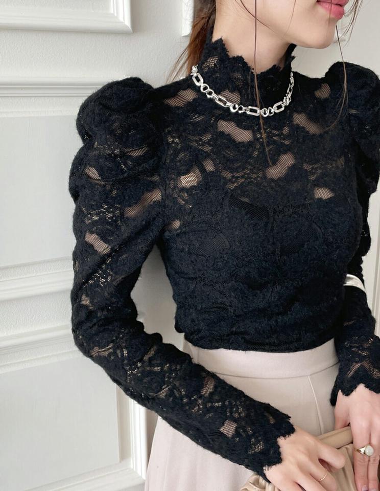 起毛ハイネックレースパフブラウス・全2色・t00230 レディース 【bl】トップス ブラウス 長袖 おパフスリーブ パフ袖 透け感 シアー シースルー ハイネック 起毛 可愛い かわいい フェミニン 大人 秋 冬 春 韓国ファッション ハイホリHIHOLLI
