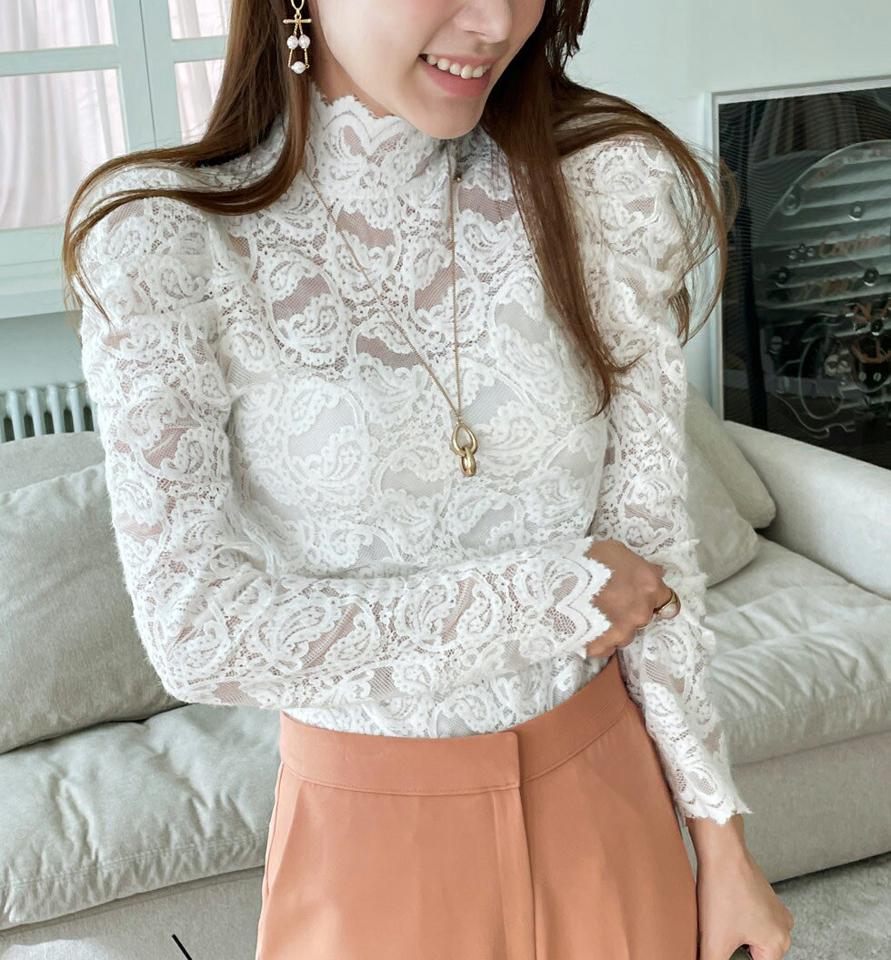 起毛ハイネックレースパフブラウス・全2色・t00230 レディース 【bl】トップス ブラウス 長袖 おパフスリーブ パフ袖 透け感 シアー シースルー ハイネック 起毛 可愛い かわいい フェミニン 大人 秋 冬 春 韓国ファッション ハイホリHIHOLLI