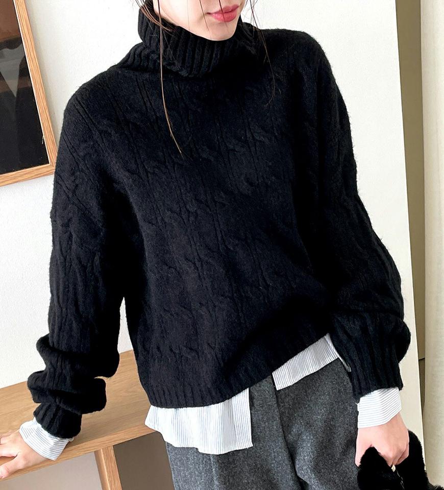 ツイストタートルネックニット・全3色・t00233 レディース 【tops】トップス ニット 年上 長袖 タートルネック ツイスト 単色 無地 シンプル カジュアル ラフ 大人 秋 冬 韓国ファッション ハイホリHIHOLLI