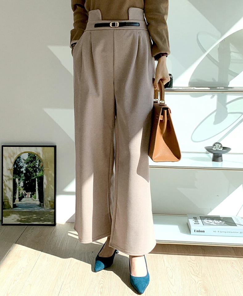 ベルトポイントワイドパンツ・全3色・b70760 レディース 【pt】パンツ ズボン ロングパンツ 長ズボン ワイドパンツ ベルト 単色 無地 シンプル 大人 きれいめ 高級感 秋 冬 韓国ファッション ハイホリHIHOLLI
