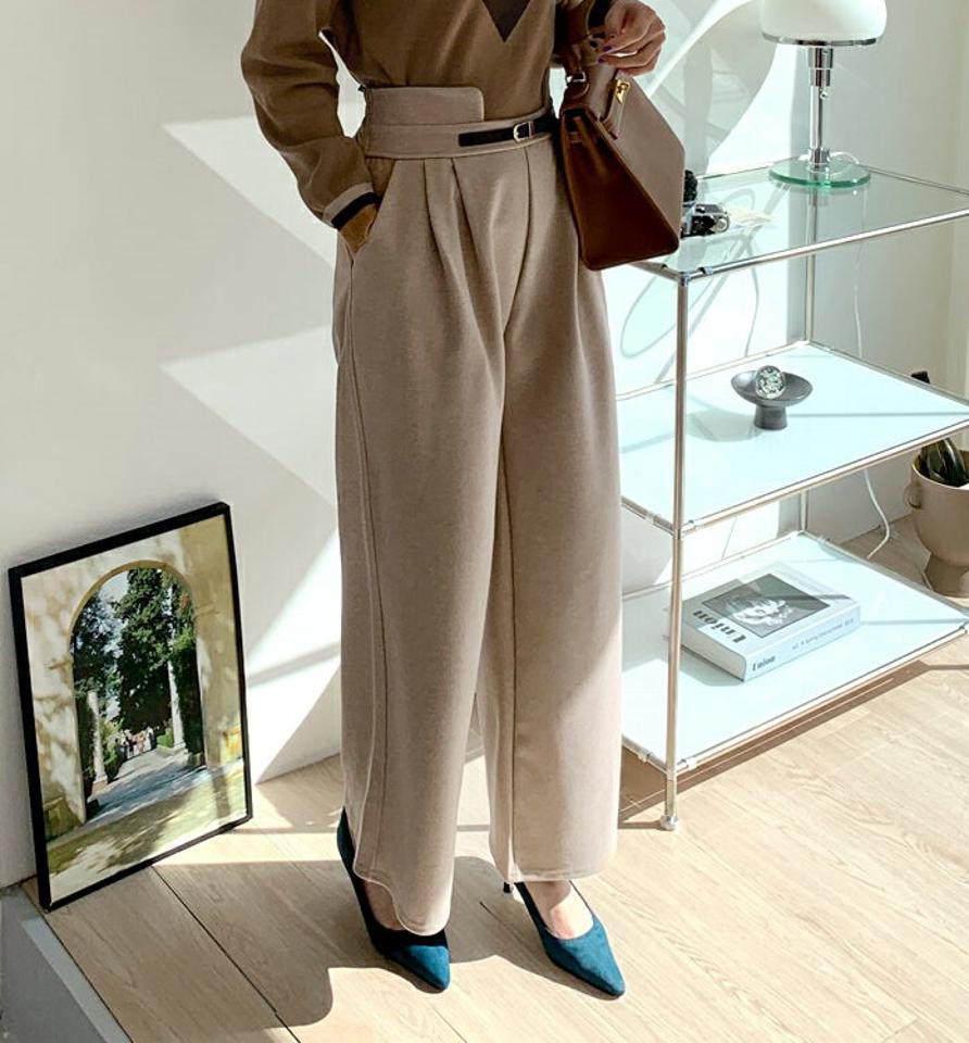 ベルトポイントワイドパンツ・全3色・b70760 レディース 【pt】パンツ ズボン ロングパンツ 長ズボン ワイドパンツ ベルト 単色 無地 シンプル 大人 きれいめ 高級感 秋 冬 韓国ファッション ハイホリHIHOLLI