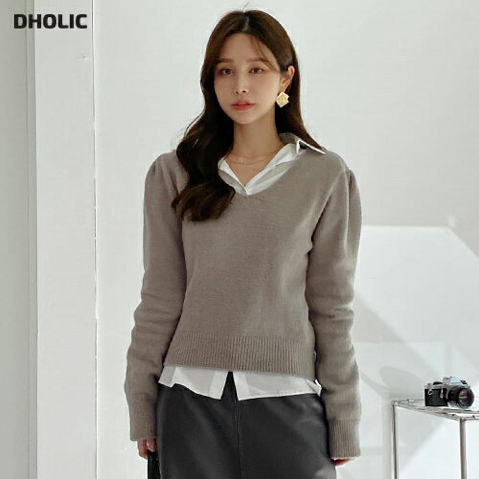 【只今10%OFF】Vネックパフスリーブニット・全5色・b70745 レディース 【tops】トップス ニット ニットトップス 長袖 パフスリーブ パフ袖 Vネック 単色 無地 シンプル カジュアル かわいい 秋 冬 韓国ファッション ハイホリHIHOLLI【ニットセール】