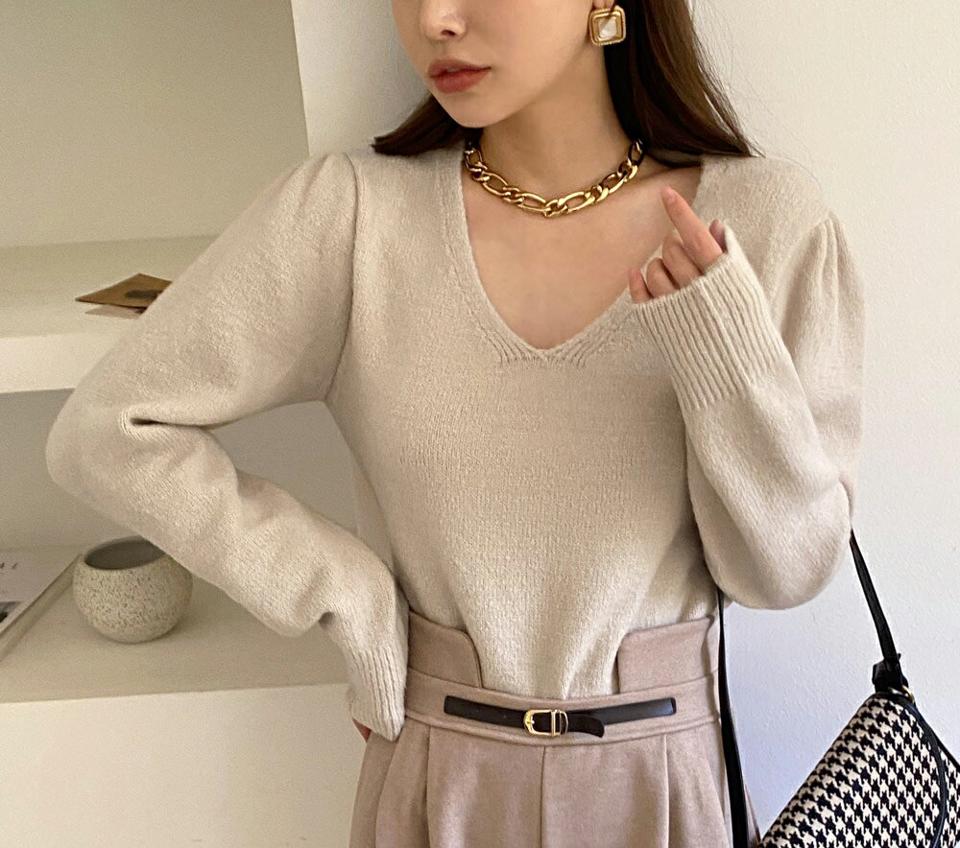 【只今10%OFF】Vネックパフスリーブニット・全5色・b70745 レディース 【tops】トップス ニット ニットトップス 長袖 パフスリーブ パフ袖 Vネック 単色 無地 シンプル カジュアル かわいい 秋 冬 韓国ファッション ハイホリHIHOLLI【ニットセール】