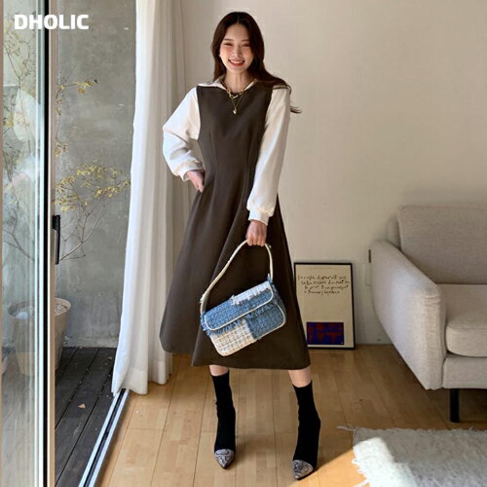 Aラインスリーブレスワンピース・全2色・b70753 レディース 【ops】ワンピース ロング ノースリーブ Aライン レイヤード 単色 無地 シンプル Vカット 大人 フレア 体型カバー 秋 冬 韓国ファッション ハイホリHIHOLLI