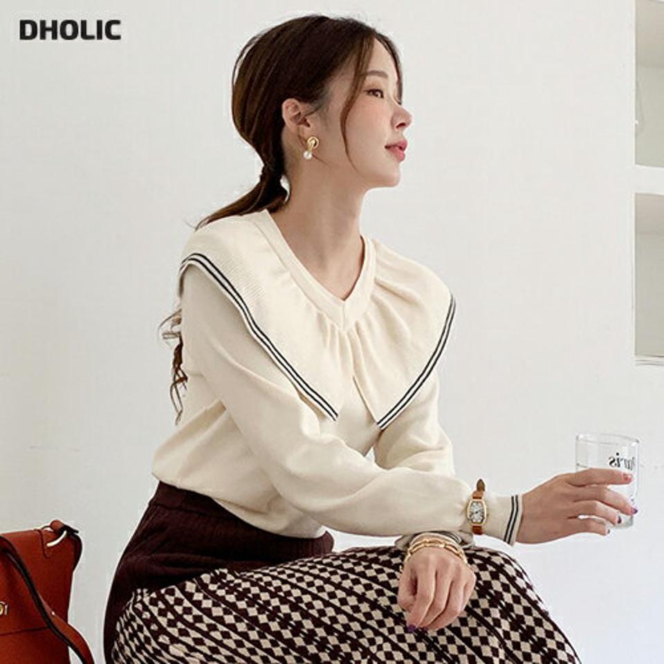 ビッグカラー配色ダブルラインニット・全3色・b70770 レディース 【tops】トップス ニット 長袖 ニットトップス 配色 ビッグカラー 襟コンシャス かわいい 可愛い Vネック タック 秋 冬 韓国ファッション ハイホリHIHOLLI