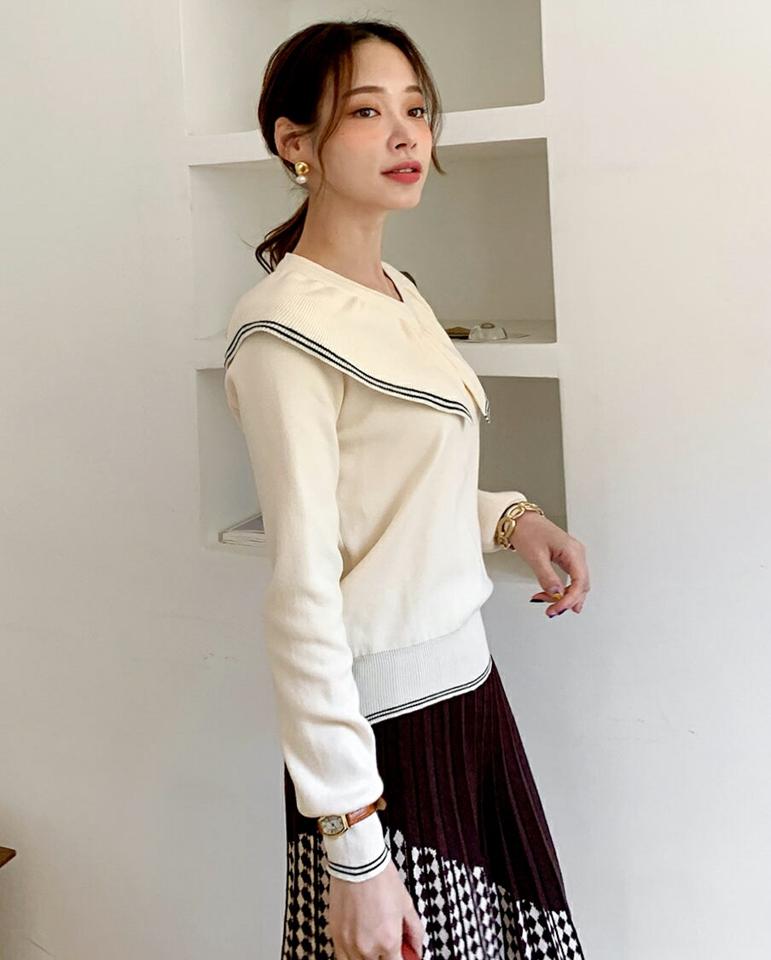 ビッグカラー配色ダブルラインニット・全3色・b70770 レディース 【tops】トップス ニット 長袖 ニットトップス 配色 ビッグカラー 襟コンシャス かわいい 可愛い Vネック タック 秋 冬 韓国ファッション ハイホリHIHOLLI
