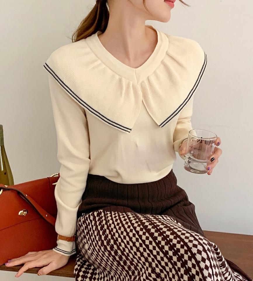 ビッグカラー配色ダブルラインニット・全3色・b70770 レディース 【tops】トップス ニット 長袖 ニットトップス 配色 ビッグカラー 襟コンシャス かわいい 可愛い Vネック タック 秋 冬 韓国ファッション ハイホリHIHOLLI