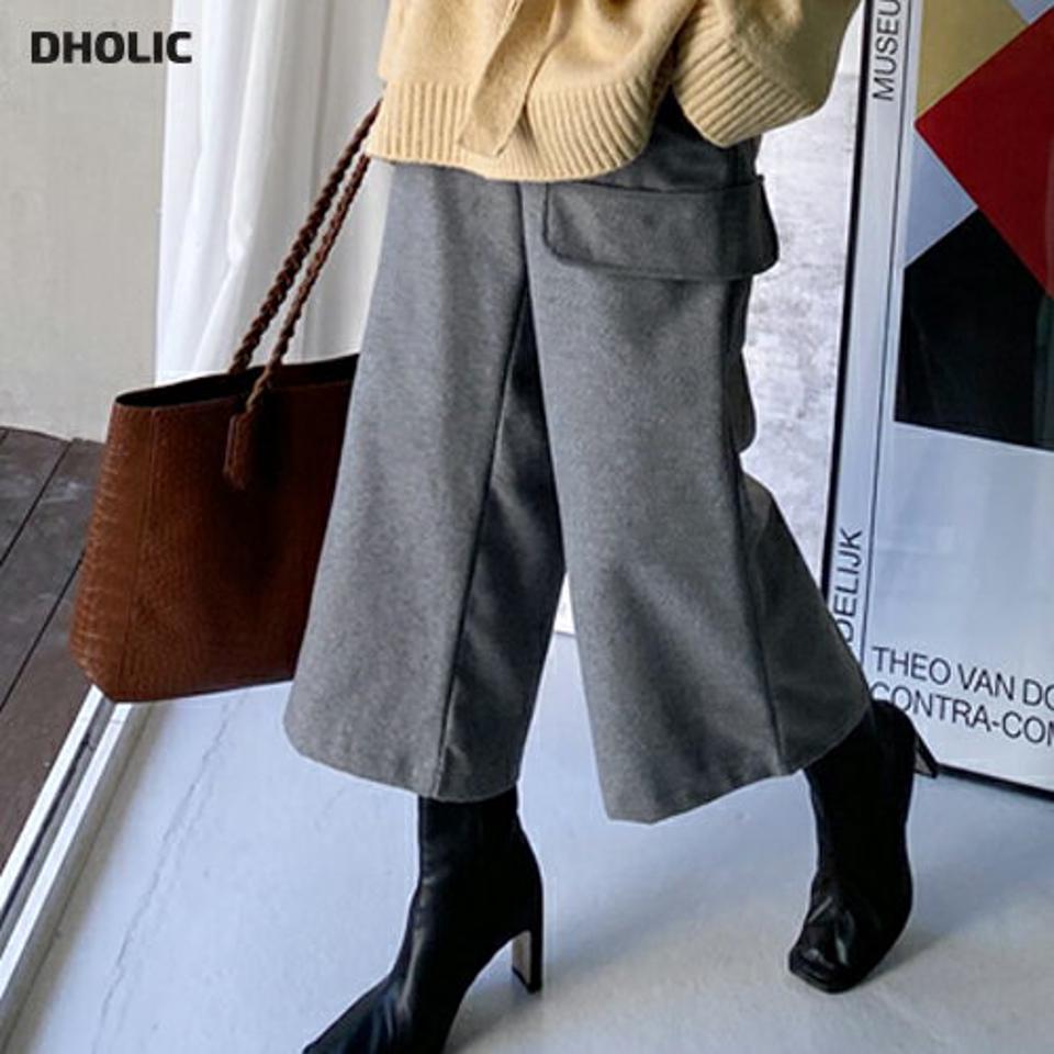 【新作10%OFF】ウール混7分丈ポケットワイドパンツ・全3色・t70762 レディース 【pt】パンツ ズボン ロングパンツ ワイドパンツ ウール クロップド丈 単色 シンプル カジュアル ラフ 大人 シック 冬 韓国ファッション ハイホリHIHOLLI