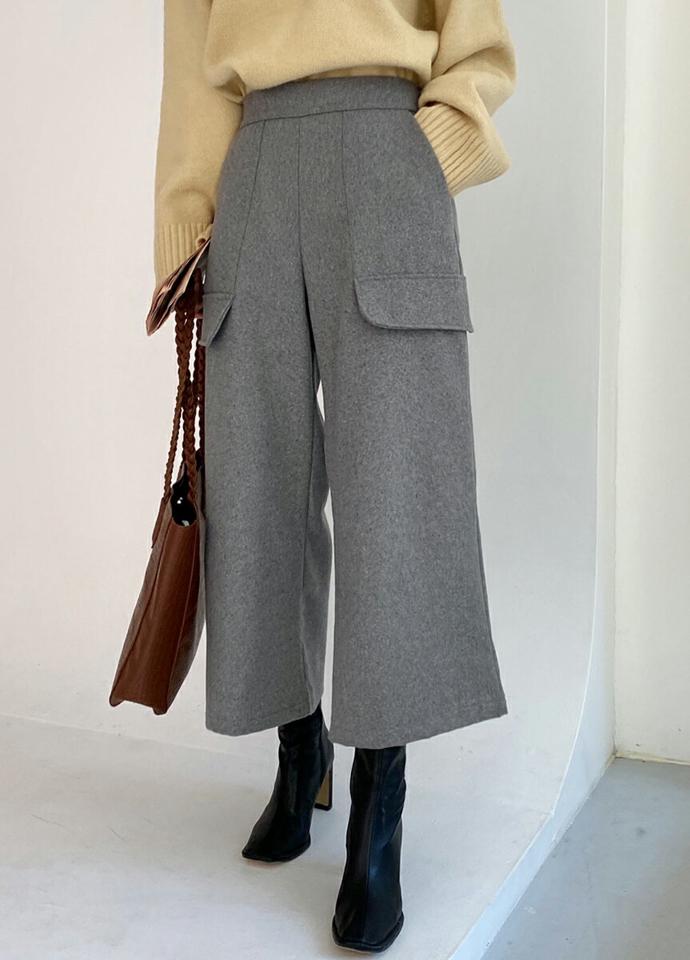 【新作10%OFF】ウール混7分丈ポケットワイドパンツ・全3色・t70762 レディース 【pt】パンツ ズボン ロングパンツ ワイドパンツ ウール クロップド丈 単色 シンプル カジュアル ラフ 大人 シック 冬 韓国ファッション ハイホリHIHOLLI