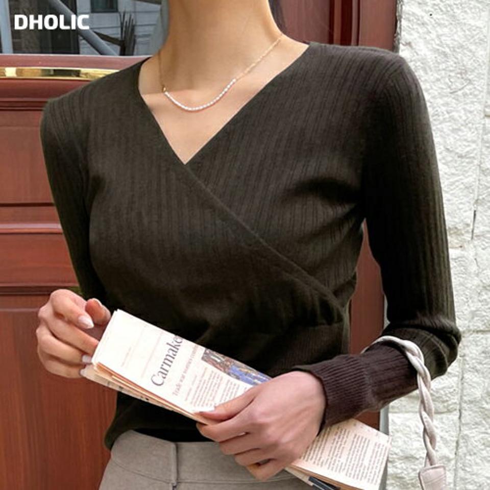 リブカシュクールニット・全3色・b58435 レディース 【tops】韓国ファッション トップス ニット 大人 長袖 Vネック リブ カシュクール 無地 シンプル カジュアル スリム フェミニン 上品 秋 冬