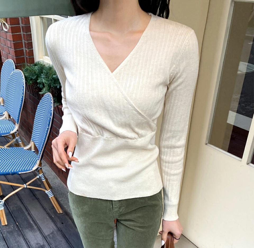 リブカシュクールニット・全3色・b58435 レディース 【tops】韓国ファッション トップス ニット 大人 長袖 Vネック リブ カシュクール 無地 シンプル カジュアル スリム フェミニン 上品 秋 冬