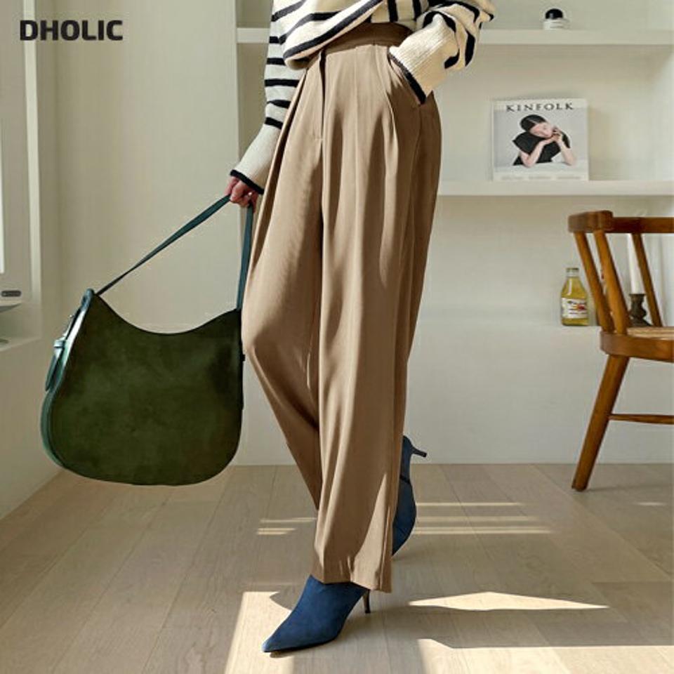 ワイドツータックスラックス・全2色・70880 レディース 【pt】スラックス パンツ ズボン ロングパンツ 単色 無地 シンプル タック ワイド ベーシック 大人 オフィスカジュアル ハイウエスト 秋 冬 韓国ファッション ハイホリHIHOLLI