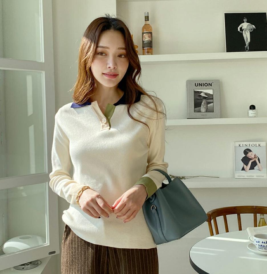 配色カラーゴールドボタンニット・全2色・t70856 レディース 【tops】トップス ニット 長袖 配色 ゴールドボタン スリット ポロ襟 大人 カジュアル 秋 冬 韓国ファッション ハイホリHIHOLLI