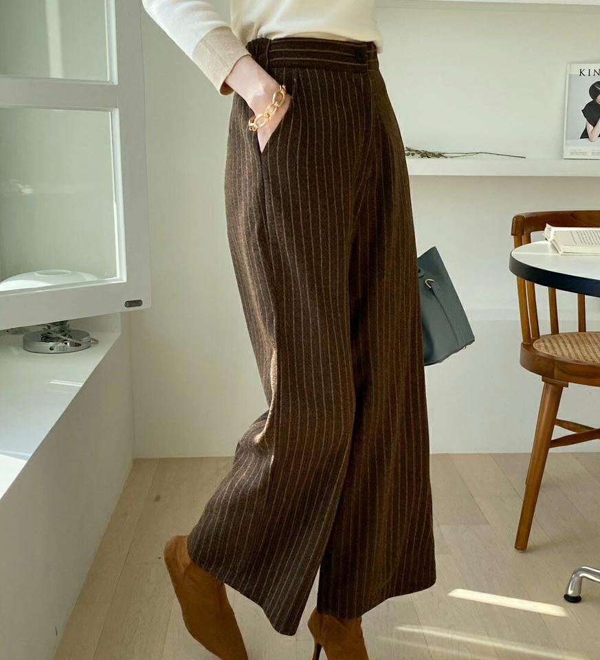 ウール混ストライプパンツ・全3色・b70886 レディース 【pt】パンツ ズボン ロングパンツ 長ズボン ストラップ柄 ウール 大人 おカジュアル ワイド 冬 韓国ファッション ハイホリHIHOLLI