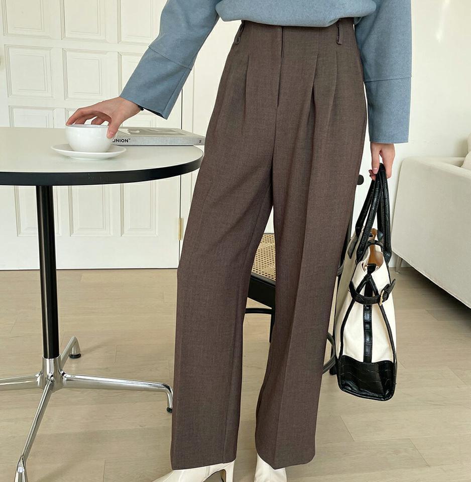 ハイウエストツータックスラックスパンツ・全3色・t70881 レディース 【pt】スラックス パンツ ズボン ロングパンツ 長ズボン タック ハイウエスト 単色 無地 シンプル ベーシック 大人 オフィスカジュアル ワイド 秋 冬 韓国ファッション ハイホリHIHOLLI