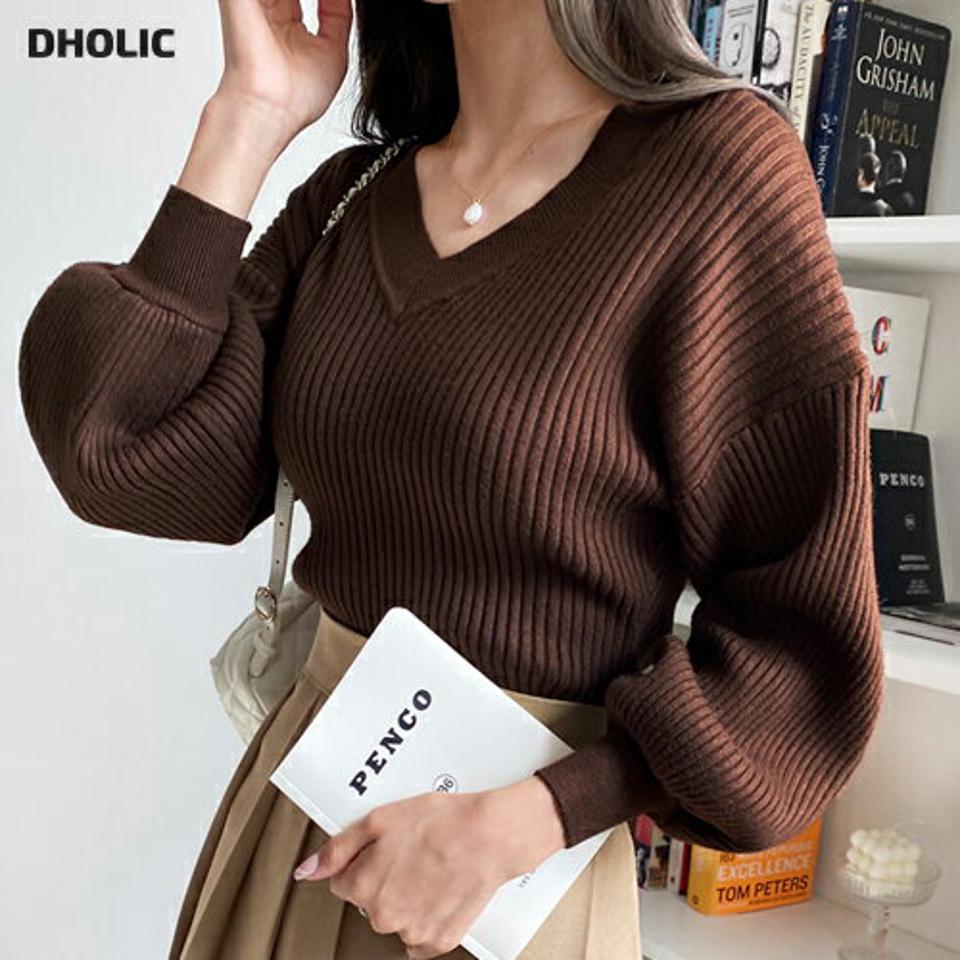 Vネックバルーンスリーブニット・全3色・b65730 レディース 【tops】韓国ファッション トップス ニット 大人 長袖 Vネック バルーンスリーブ 無地 ベーシック シンプル カジュアル ルーズ フェミニン 上品 秋 冬