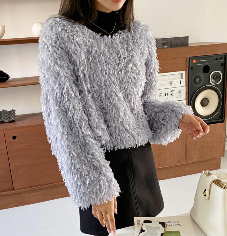 フェザー調ブラウス・全3色・t65732 レディース 【bl】韓国ファッション トップス ブラウス 長袖 ラウンドネック フェザー調 シャギーファー シンプル フェミニン 体型カバー ガーリー カジュアル 秋 冬