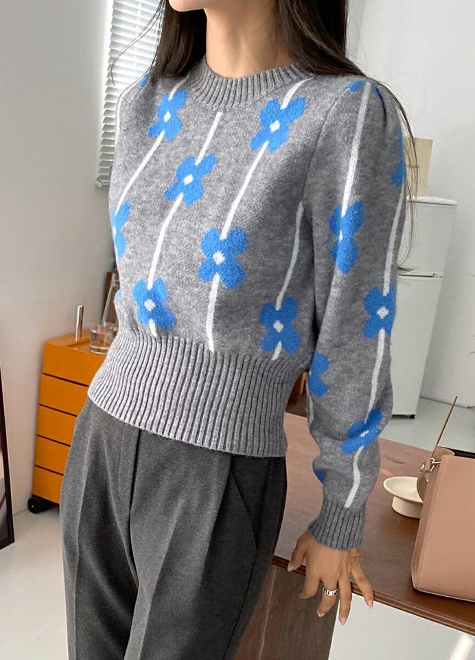 ビンテージ風フラワーニット・全3色・b65729 レディース 【tops】韓国ファッション トップス ニット 大人 長袖 ラウンドネック ビンテージ風 柄ニット 花柄 フラワー パフ スリム シンプル カジュアル 体型カバー フェミニン 上品 秋 冬