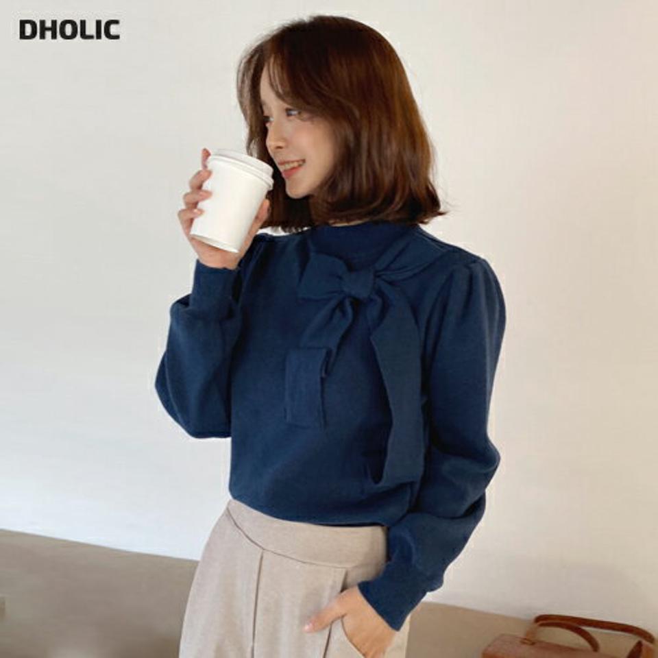 リボンハーフネックニット・全2色・b65750 レディース 【tops】韓国ファッション トップス ニット 年上 大人 長袖 ハーフネック リボン 無地 シンプル カジュアル ルーズ フェミニン デイリー カラーニット モックネック 上品 秋 冬