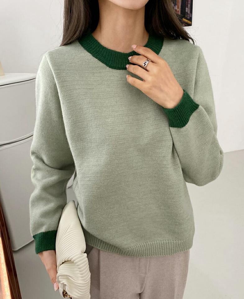 配色ラインラウンドニット・全3色・b65728 レディース 【tops】韓国ファッション トップス ニット 大人 長袖 ラウンドネック 配色 シンプル カジュアル 体型カバー ルーズ フェミニン デイリー 上品 秋 冬