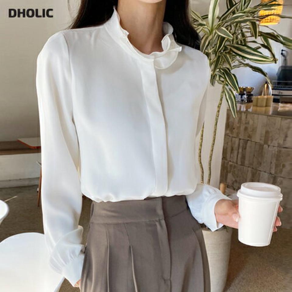ネックフリルブラウス・全3色・t65724 レディース 【bl】韓国ファッション トップス ブラウス 長袖 ハーフネック ネックフリル 上品 ボタン 無地 シンプル フェミニン 体型カバー ガーリー オフィスカジュアル 秋 冬