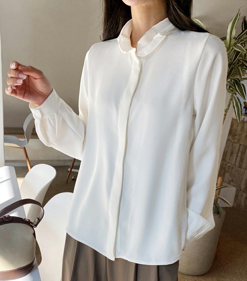 ネックフリルブラウス・全3色・t65724 レディース 【bl】韓国ファッション トップス ブラウス 長袖 ハーフネック ネックフリル 上品 ボタン 無地 シンプル フェミニン 体型カバー ガーリー オフィスカジュアル 秋 冬