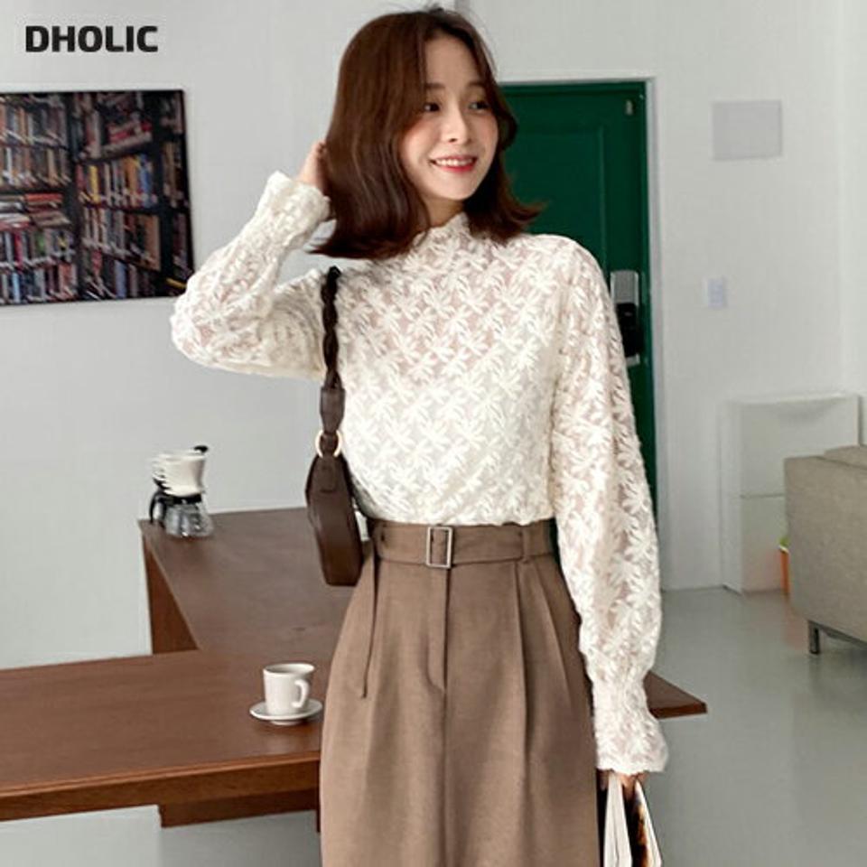 【10%OFF】即日配送 起毛ハーフネックレースブラウス・全3色・t65720 レディース 【bl】韓国ファッション トップス ブラウス 長袖 ハーフネック 花柄 フラワー フローラル 起毛 レース 上品 シンプル フェミニン 体型カバー ガーリー カジュアル 秋 冬【blセール】