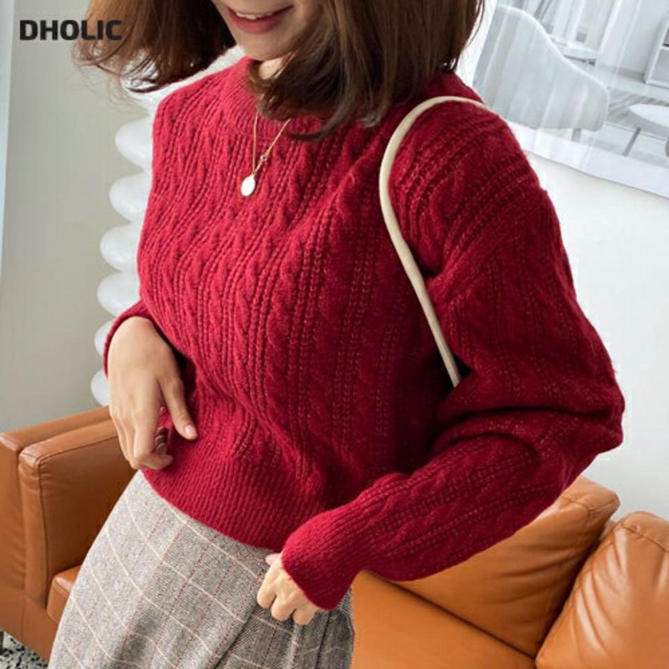 ツイスト編みラウンドニット・全5色・b63071 レディース 【tops】韓国ファッション トップス ニット 大人 長袖 ラウンドネック ルーズ ツイスト編み クロップド丈 シンプル カジュアル カラーニット 体型カバー 細身 フェミニン 上品 秋 冬