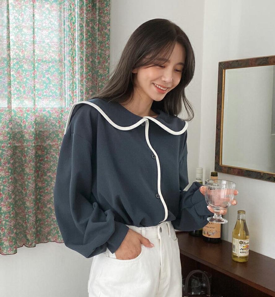 起毛配色ラインカラーブラウス・全3色・t63072 レディース 【bl】韓国ファッション トップス ブラウス 長袖 カラーネック 起毛 配色 セーラーカラー 大人 上品 シンプル フェミニン 体型カバー ガーリー カジュアル 秋 冬