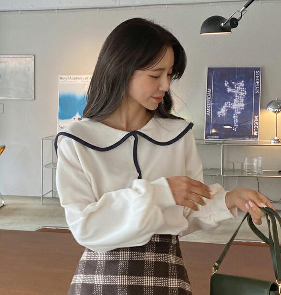 起毛配色ラインカラーブラウス・全3色・t63072 レディース 【bl】韓国ファッション トップス ブラウス 長袖 カラーネック 起毛 配色 セーラーカラー 大人 上品 シンプル フェミニン 体型カバー ガーリー カジュアル 秋 冬