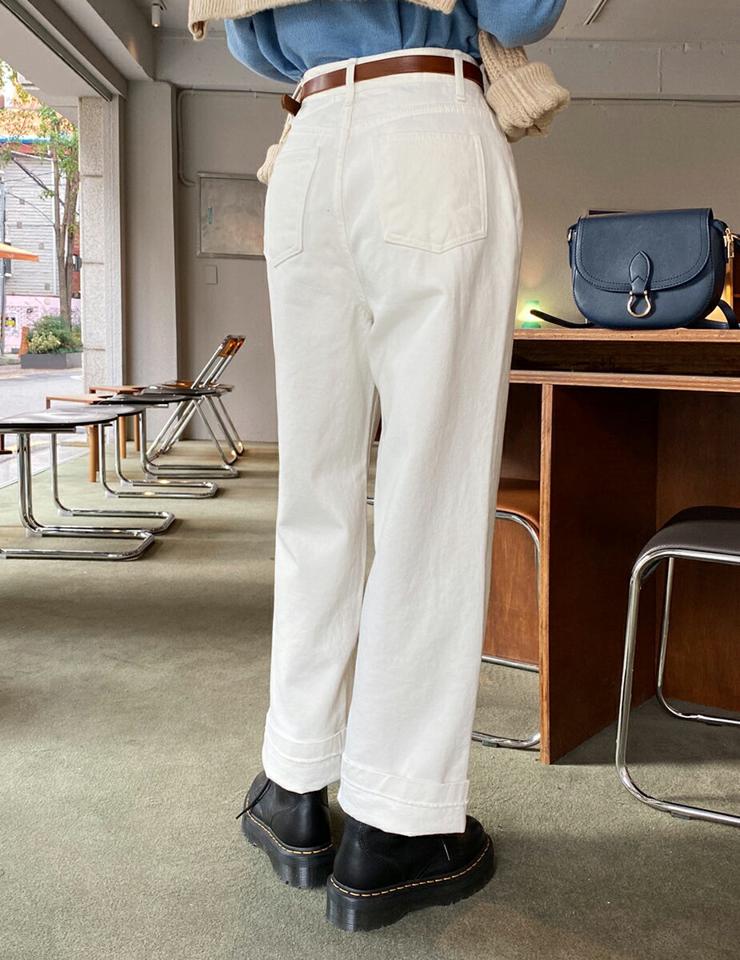 裏起毛コットンワイドパンツ・全2色・t63091 レディース 【pt】韓国ファッション ボトムス ロング ロングパンツ ワイドパンツ 裏起毛 コットン ストレート ロング丈 ロールアップ 無地 ベーシック シンプル 体型カバー 足長 美脚 秋 冬