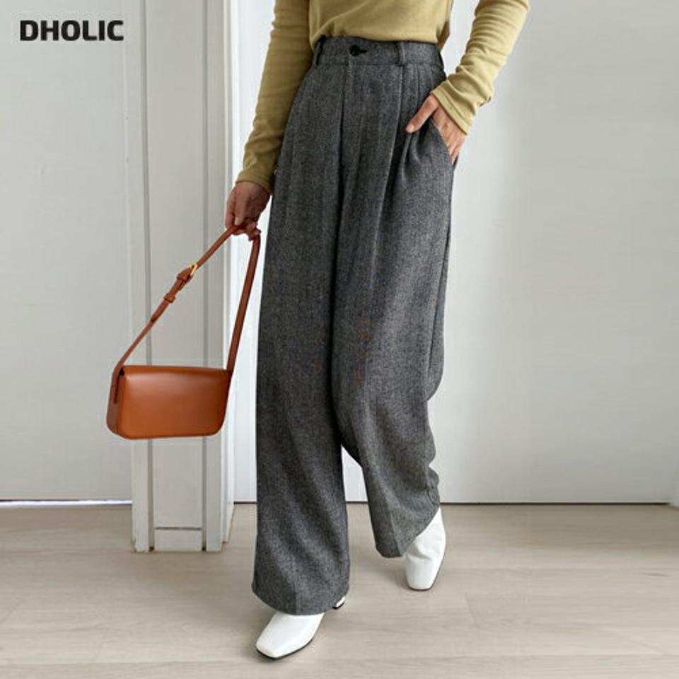 即日配送 ヘリンボーンワイドパンツ・全2色・t63089 レディース 【pt】韓国ファッション ボトムス ロング ロングパンツ ワイドパンツ ロング丈 ヘリンボーン ハイウエスト ツータック シンプル 体型カバー 足長 美脚 秋 冬