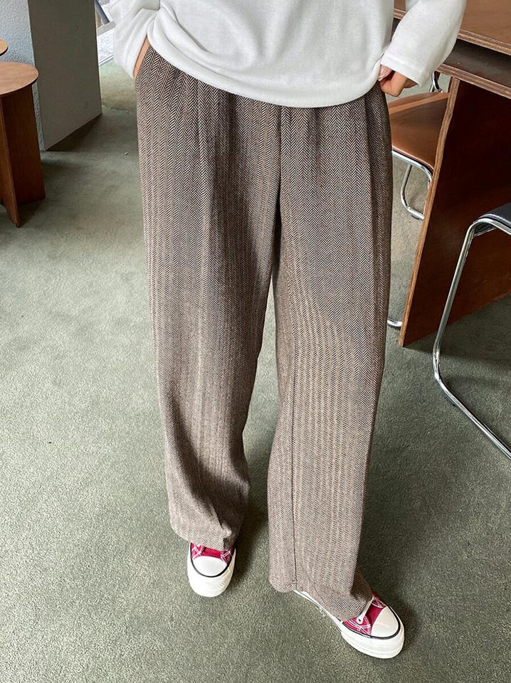 即日配送 ヘリンボーンワイドパンツ・全2色・t63089 レディース 【pt】韓国ファッション ボトムス ロング ロングパンツ ワイドパンツ ロング丈 ヘリンボーン ハイウエスト ツータック シンプル 体型カバー 足長 美脚 秋 冬