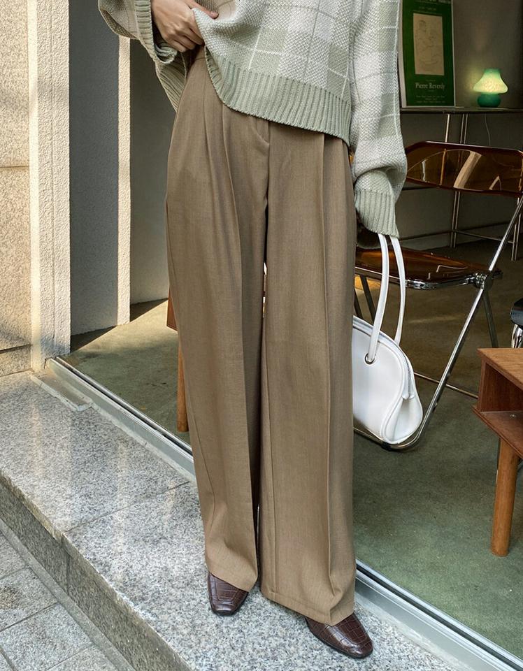 タックワイドスラックス・全4色・t63090 レディース 【pt】韓国ファッション ボトムス ロング ロングパンツ スラックスパンツ スラックス ツータック ワイド ロング丈 ゴム 無地 シンプル 体型カバー 足長 美脚 秋 冬