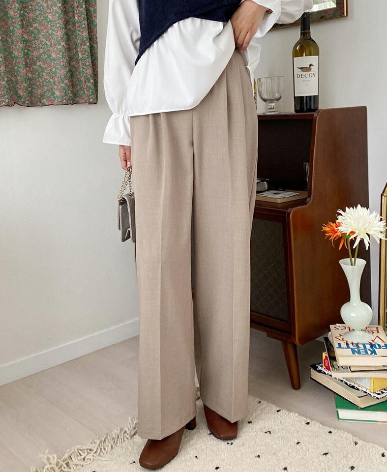 タックワイドスラックス・全4色・t63090 レディース 【pt】韓国ファッション ボトムス ロング ロングパンツ スラックスパンツ スラックス ツータック ワイド ロング丈 ゴム 無地 シンプル 体型カバー 足長 美脚 秋 冬