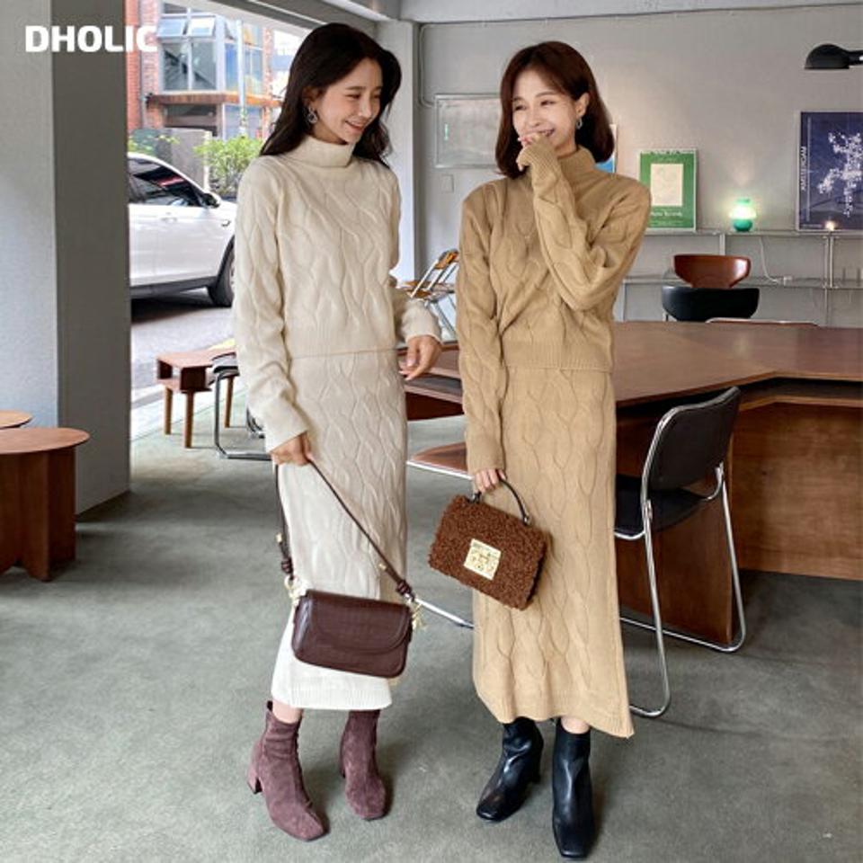 タートルネックケーブルニット&スカートSET・全3色・b63104 レディース 【ops】韓国ファッション ワンピース ロング丈 ニット スカート セット 長袖 タートルネック クロップド丈 ロング丈 シンプル フェミニン 秋 冬