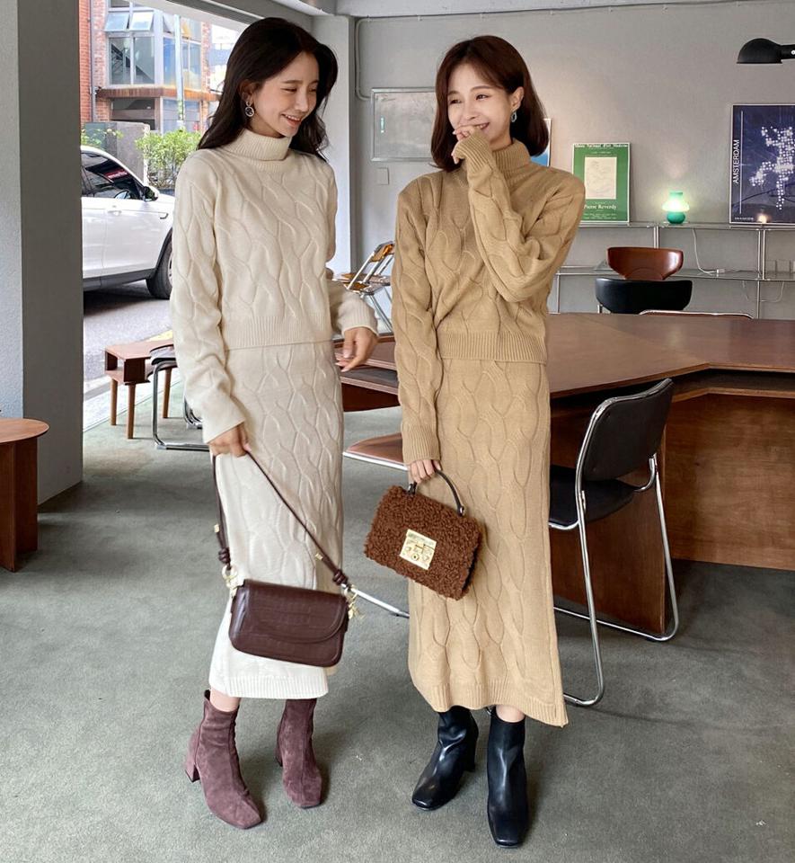 タートルネックケーブルニット&スカートSET・全3色・b63104 レディース 【ops】韓国ファッション ワンピース ロング丈 ニット スカート セット 長袖 タートルネック クロップド丈 ロング丈 シンプル フェミニン 秋 冬