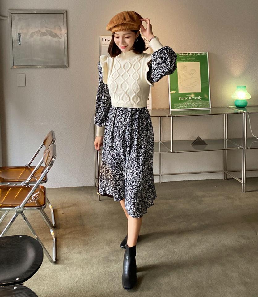 ニット付花柄ワンピース・全2色・b63103 レディース 【ops】韓国ファッション ワンピース ロング ロングワンピース ニットベスト セット 長袖 ラウンドネック 花柄 フローラル フラワー ロング丈 シンプル フェミニン 体型カバー 秋 冬