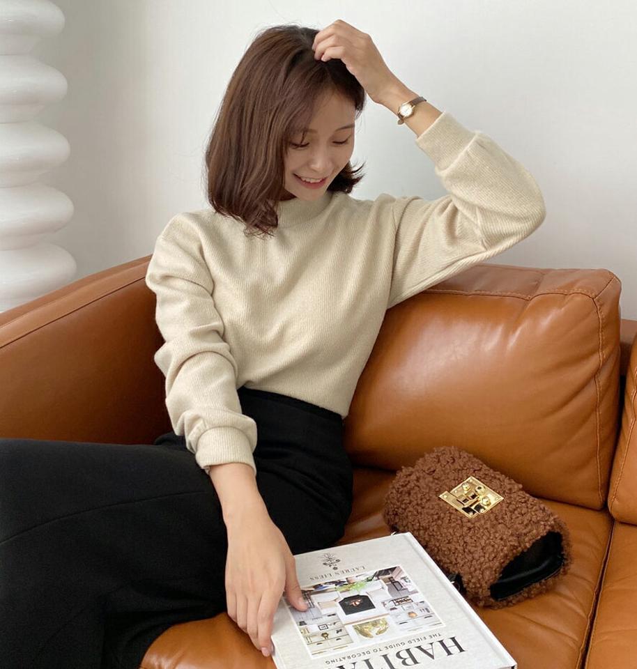 リブハーフネックTシャツ・全6色・t63102 レディース 【tops】韓国ファッション トップス Tシャツ 大人 長袖 ハーフネック リブ 無地 ベーシック シンプル カジュアル ルーズ 体型カバー 細身 フェミニン デイリー 上品 秋 冬