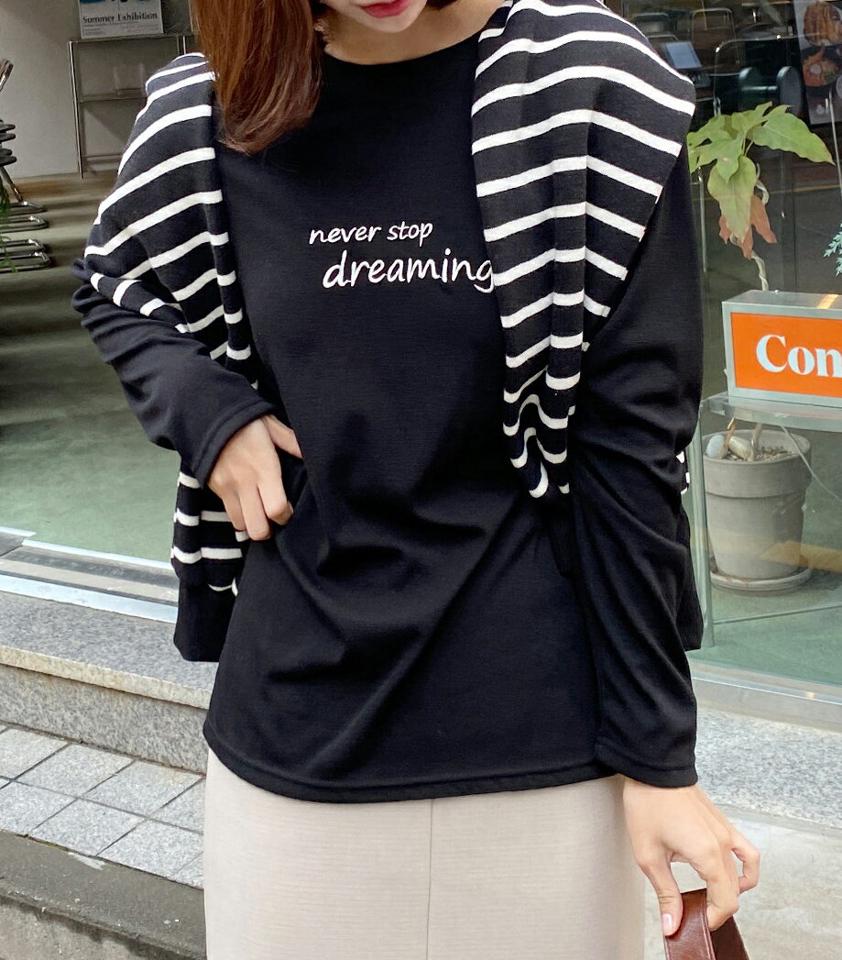 裏起毛刺繍レタリングTシャツ・全3色・t63065 レディース 【tops】韓国ファッション トップス Tシャツ 大人 長袖 ラウンドネック 裏起毛 刺繍 レタリング ロゴ シンプル カジュアル スリム 柄 秋 冬