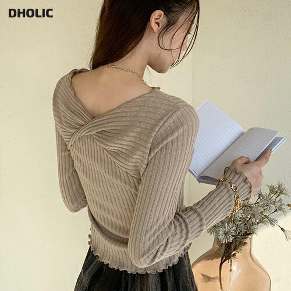 2WAYツイストリブTシャツ・全3色・t00254 レディース 【tops】トップス Tシャツ 長袖 リブトップス ツイスト 前後着用自由 ウェーブ スリム 大人 秋 冬 韓国ファッション ハイホリHIHOLLI