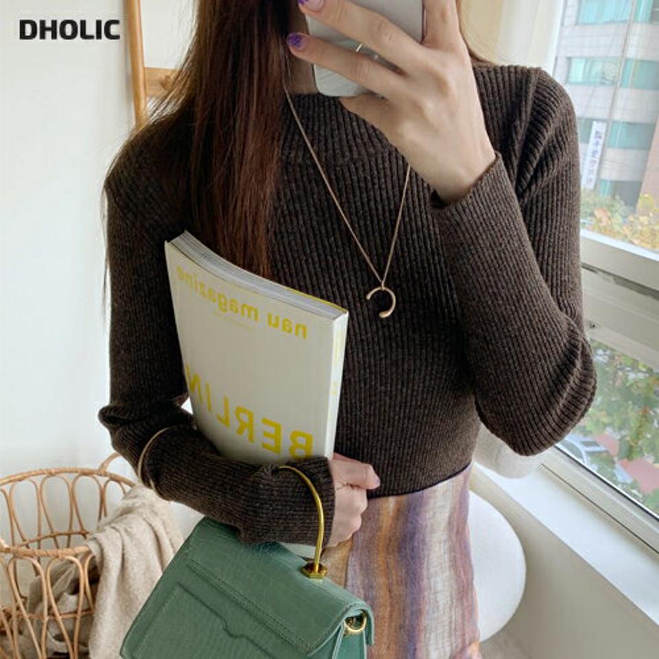 スリムハーフネックリブニット・全5色・b00255 レディース 【tops】トップス ニット 長袖 スリム ハーフネック ニットトップス 単色 無地 シンプル ベーシック リブ カジュアル 大人 秋 冬 韓国ファッション ハイホリHIHOLLI