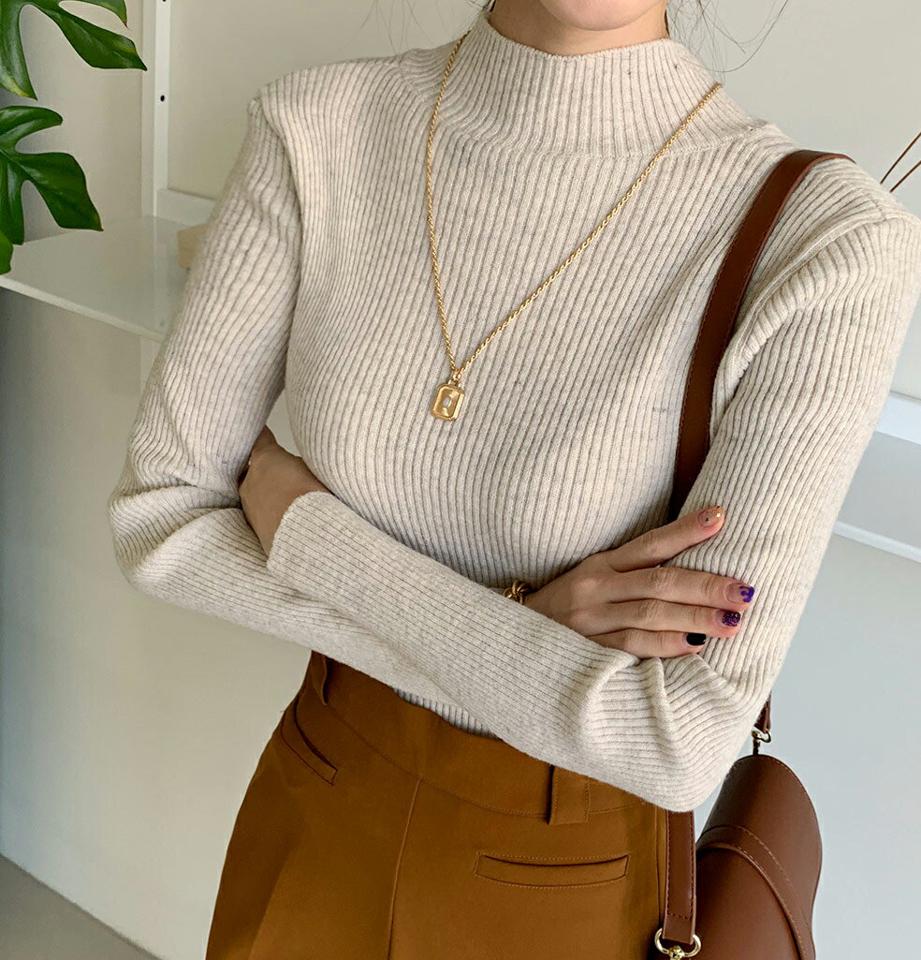 スリムハーフネックリブニット・全5色・b00255 レディース 【tops】トップス ニット 長袖 スリム ハーフネック ニットトップス 単色 無地 シンプル ベーシック リブ カジュアル 大人 秋 冬 韓国ファッション ハイホリHIHOLLI