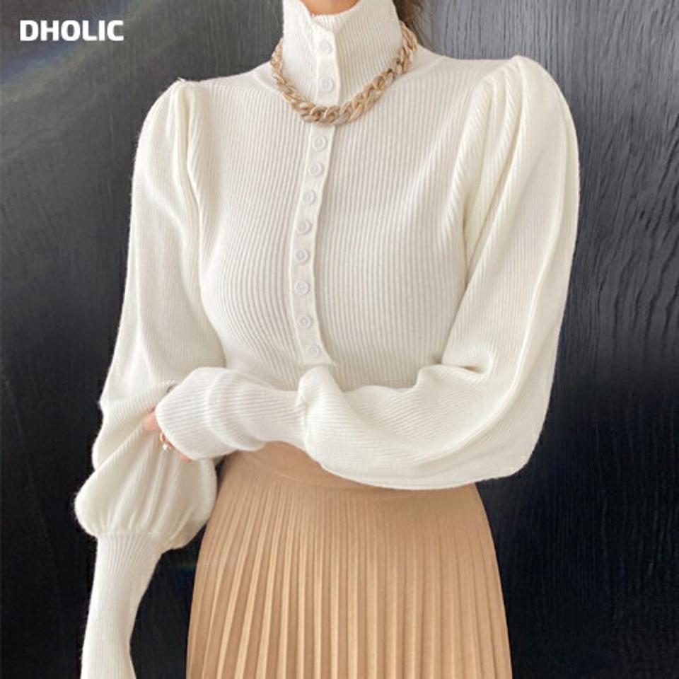 即日配送 ハイネックパフスリーブボタンニット・全5色・t00256 レディース 【tops】トップス 長袖 ハイネック パフスリーブ パフ袖 ボタン 単色 無地 シンプル かわいい 可愛い リブ スリム ウール 冬 韓国ファッション ハイホリHIHOLLI