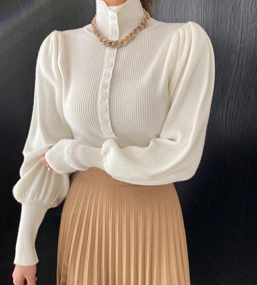 即日配送 ハイネックパフスリーブボタンニット・全5色・t00256 レディース 【tops】トップス 長袖 ハイネック パフスリーブ パフ袖 ボタン 単色 無地 シンプル かわいい 可愛い リブ スリム ウール 冬 韓国ファッション ハイホリHIHOLLI