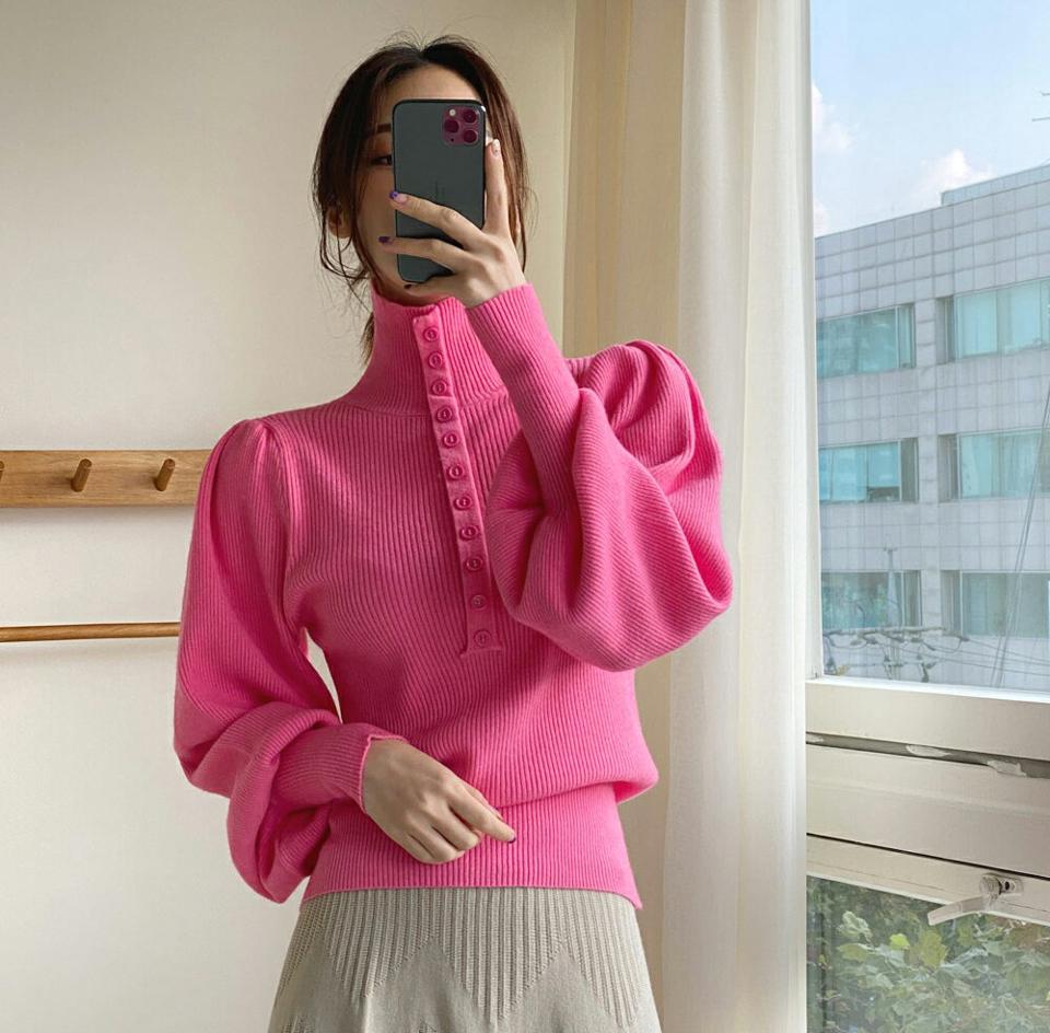 即日配送 ハイネックパフスリーブボタンニット・全5色・t00256 レディース 【tops】トップス 長袖 ハイネック パフスリーブ パフ袖 ボタン 単色 無地 シンプル かわいい 可愛い リブ スリム ウール 冬 韓国ファッション ハイホリHIHOLLI