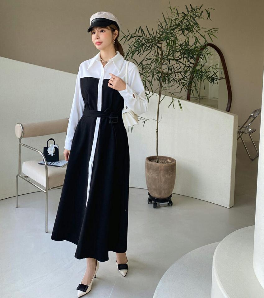 ベルト付配色シャツワンピース・全2色・b00261 レディース 【ops】ワンピース ロング丈 ロングワンピース シャツワンピース 長袖 配色 ベルト 大人 モダン シック 秋 冬 韓国ファッション ハイホリHIHOLLI